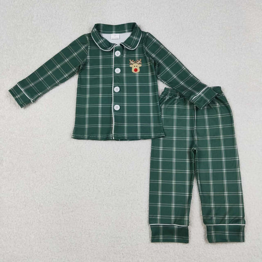 Christmas Green Plaid embroidered deer Girls Pajamas BLP0545