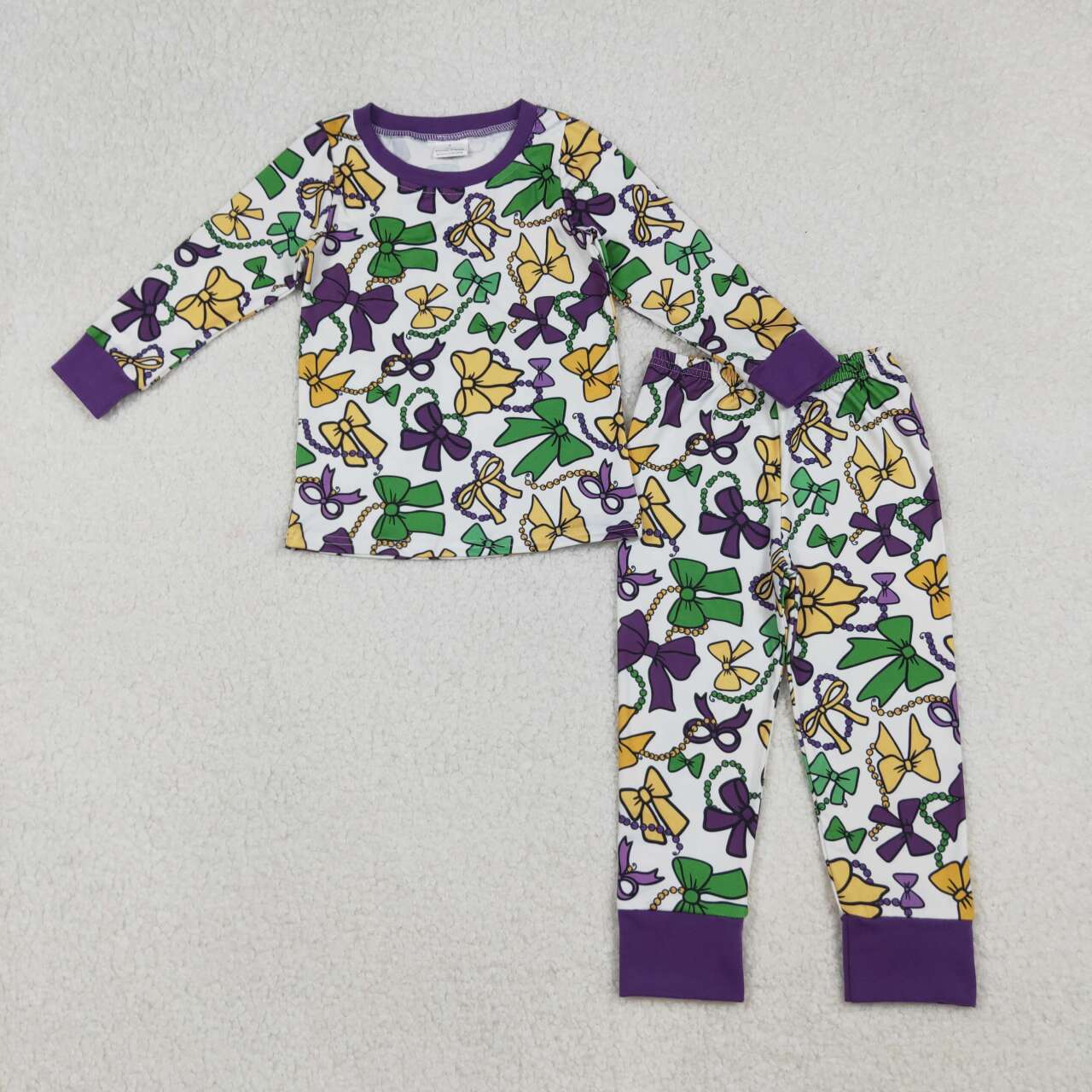 Mardi Gras Bow long sleeve kids pajamas GLP2872