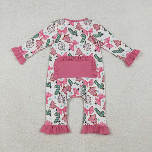 Christmas pink candy bow full zip Baby Romper LR2486