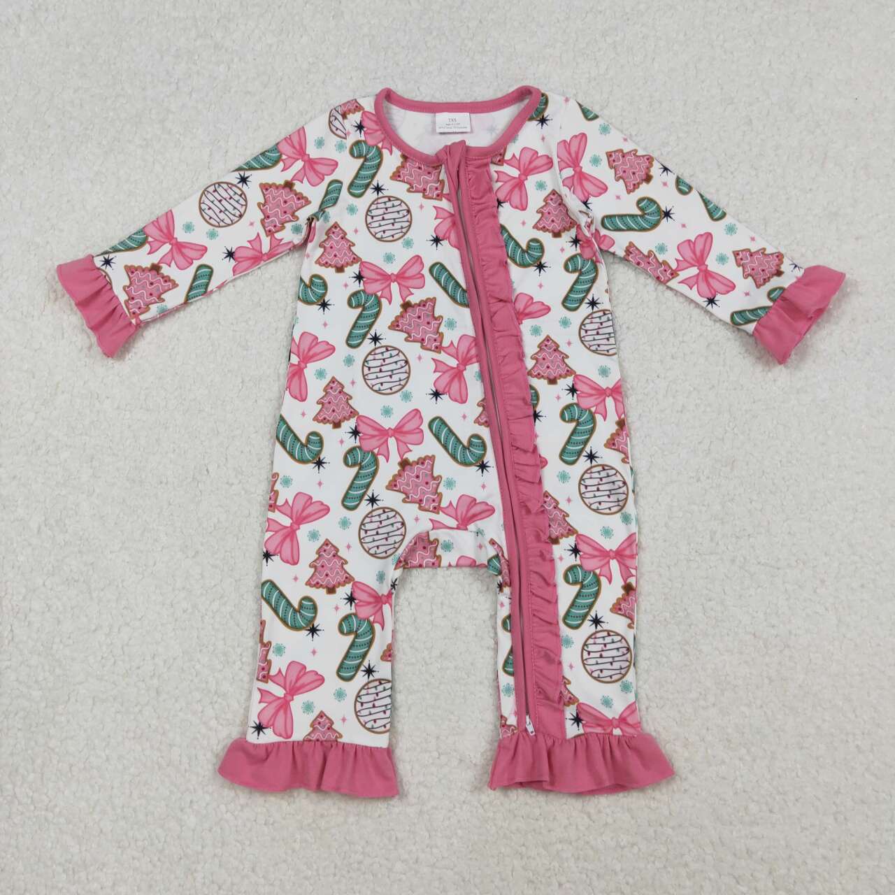 Christmas pink candy bow full zip Baby Romper LR2486