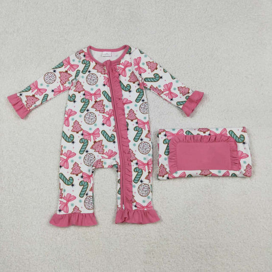 Christmas pink candy bow full zip Baby Romper LR2486