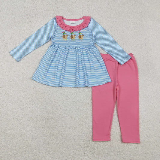Fall Blue striped duck embroidery Girls Set GLP2923