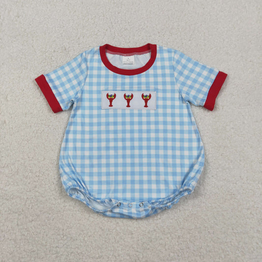 Blue embroidered lobster Plaid baby Romper SR3257