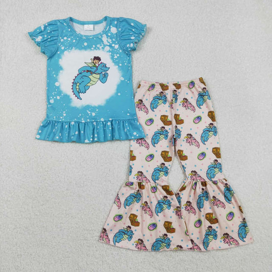 blue dinosaur Cartoon Bell Pants Girls Set