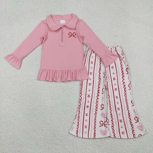 Valentine's Day Embroidered Bow Bell Pants Girls Set