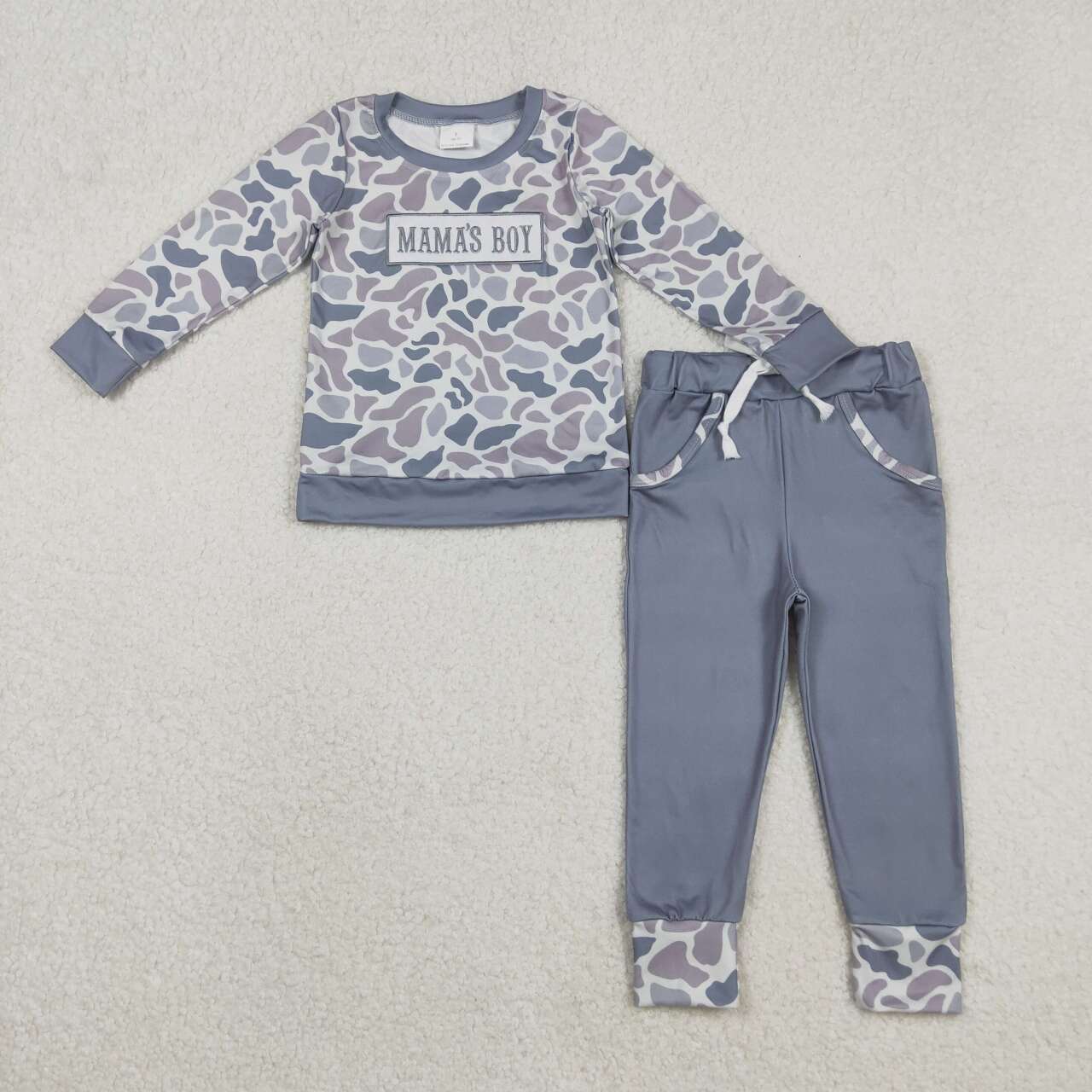 Grey Camo embroidery MAMA'S Boy Long sleeve boy set BLP1335