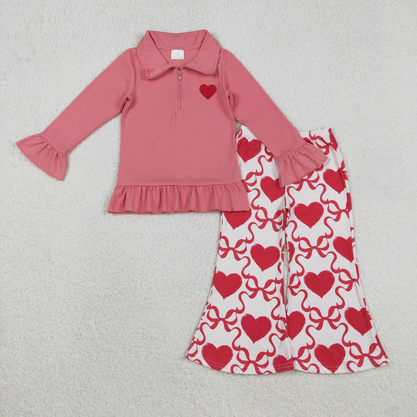 Valentine's Day Embroidered Heart Bell Pants Girls Set