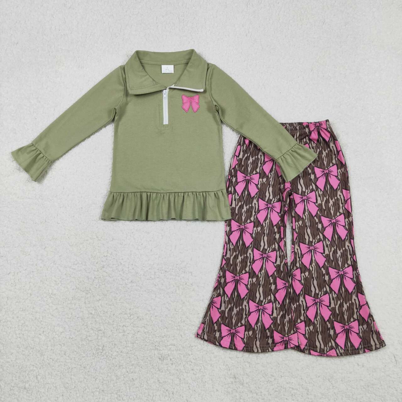 Camo Bow Embroidered Heart Bell Pants Girls Set