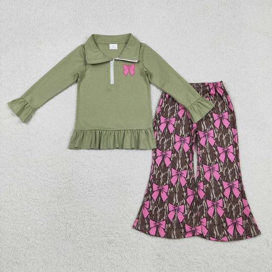 Camo Bow Embroidered Heart Bell Pants Girls Set