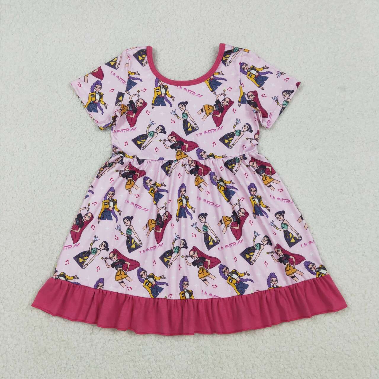 Hot Pink Cartoon Short Sleeve Girls Dress GSD2917