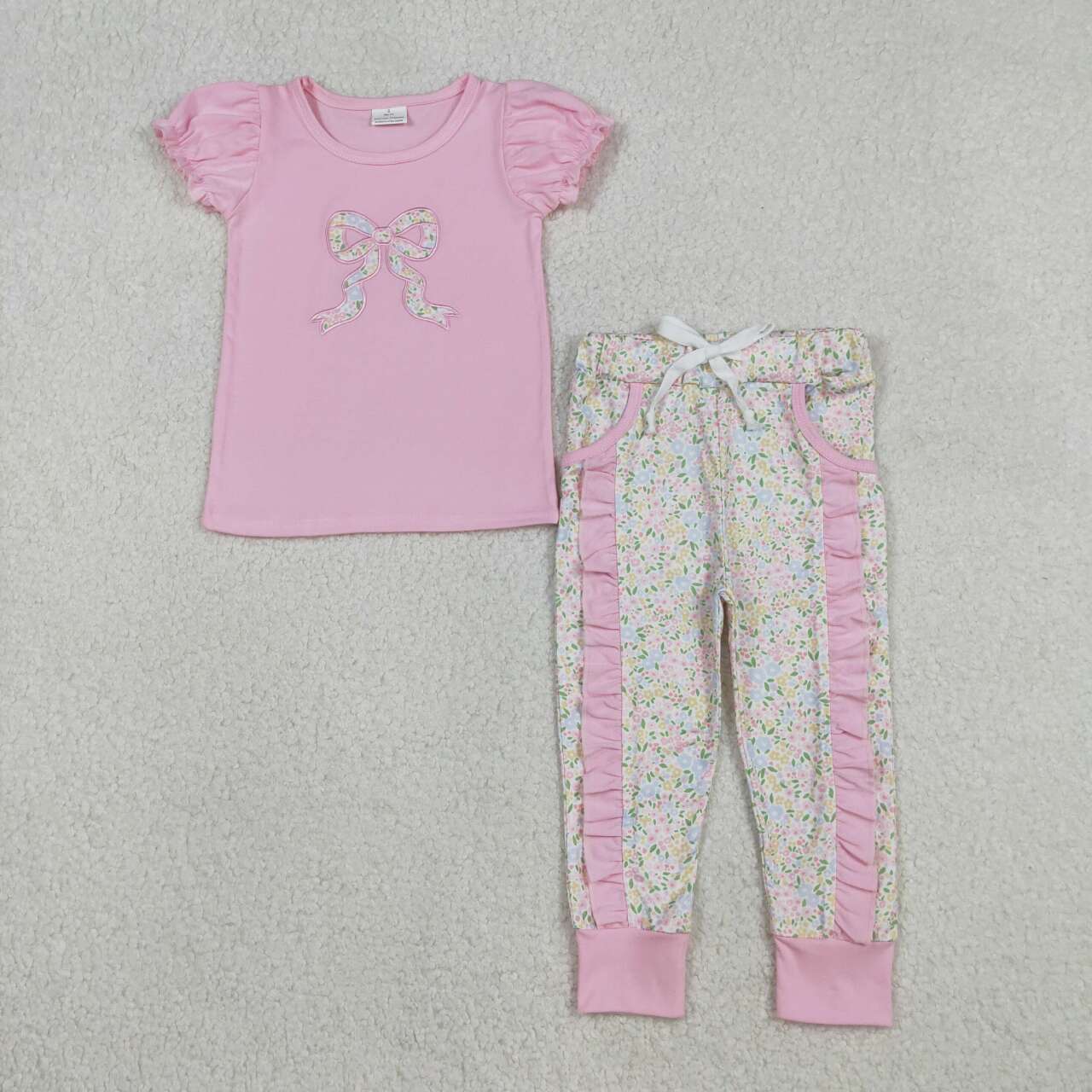 Pink floral embroidered bow short sleeve Boy Set GSPO2060