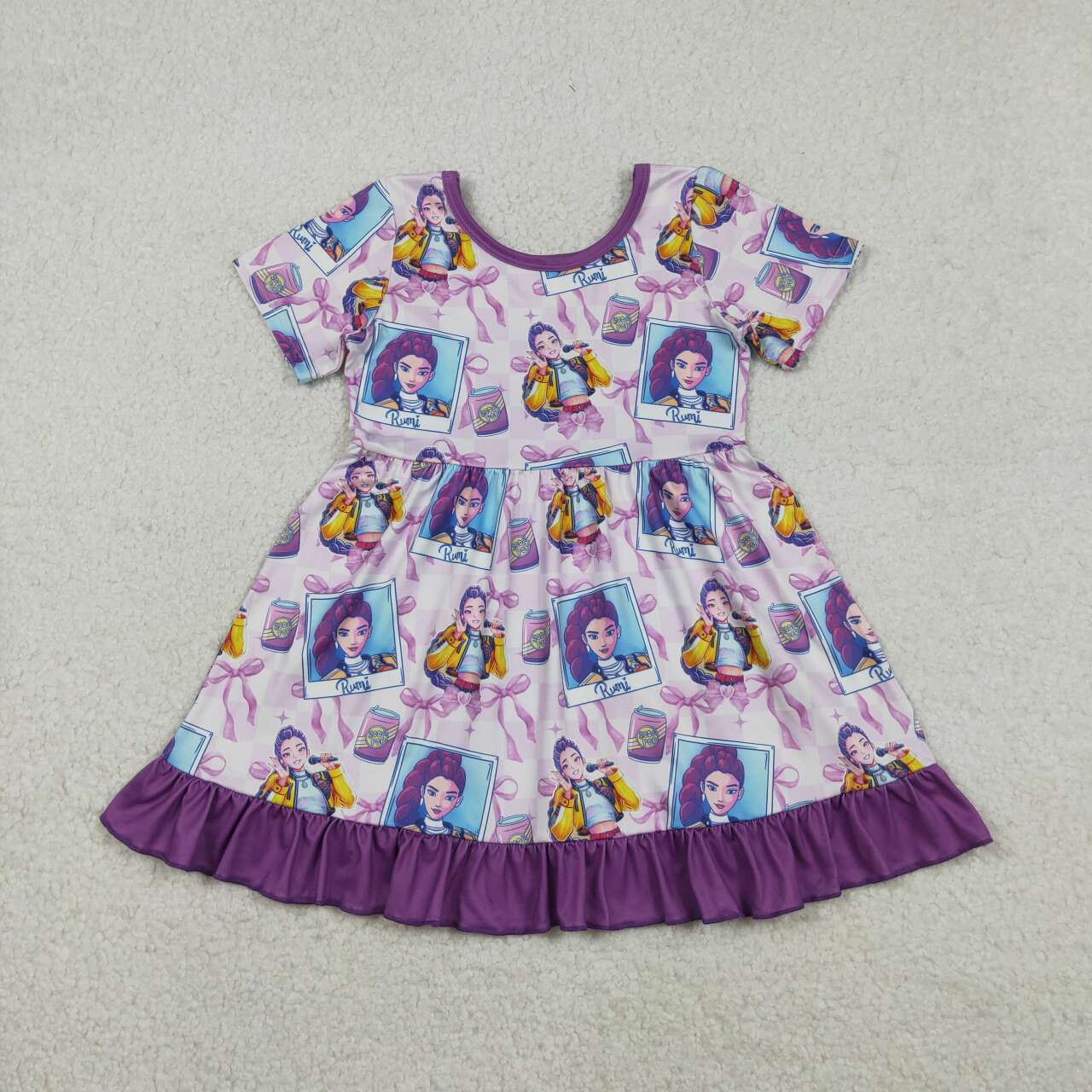 Purple Cartoon Short Sleeve Girls Dress GSD3272