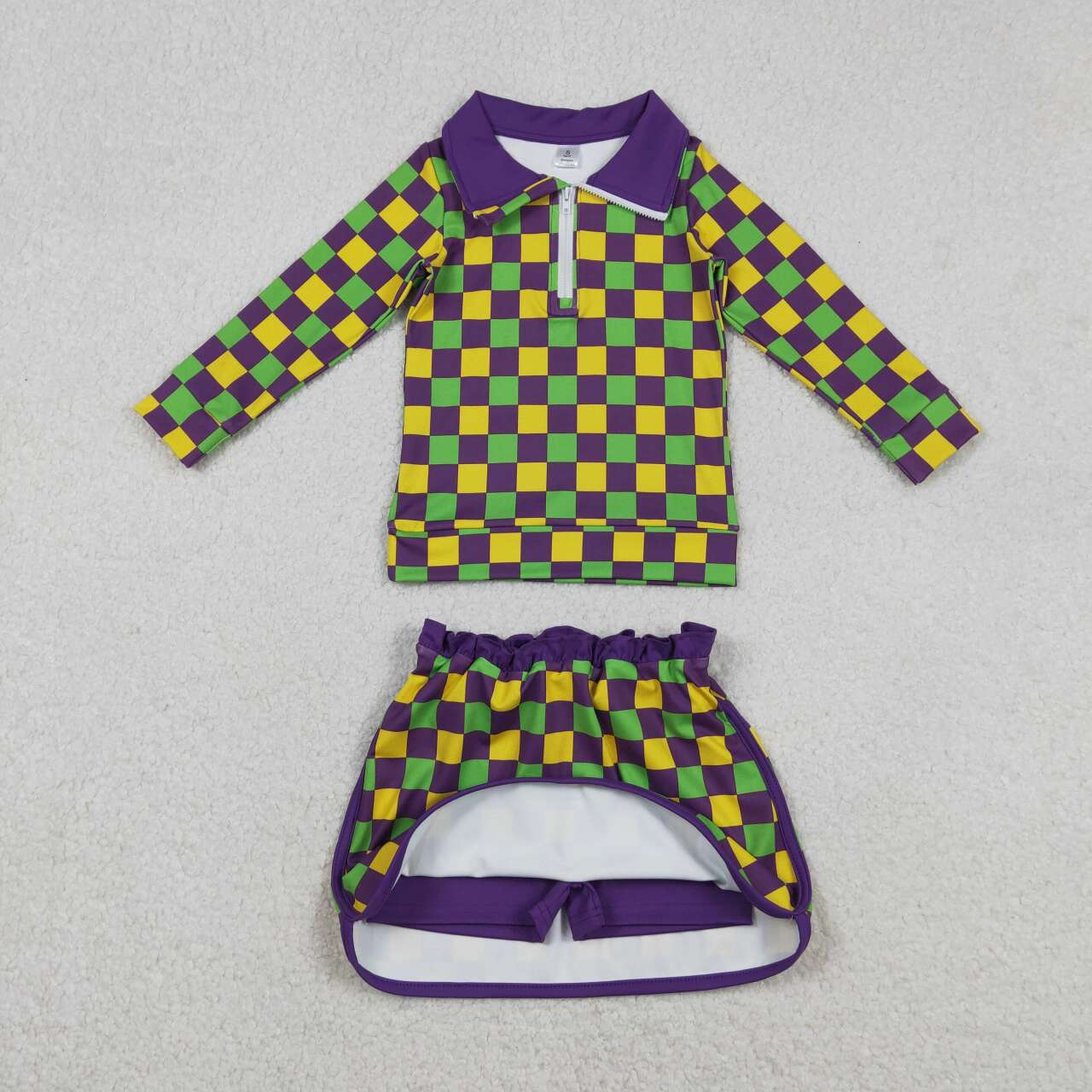 Mardi Gras Purple Plaid Long Sleeve Girls Skort Set GLD1362