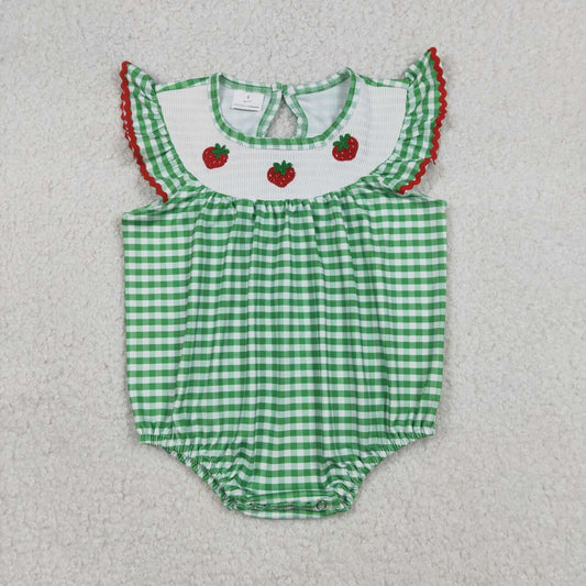 Green Plaid Smock strawberry Girls baby romper SR3550