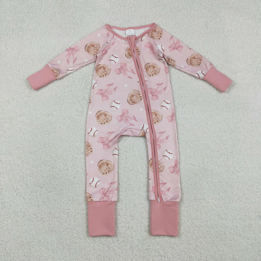 Pink baseball bow baby Romper LR2967