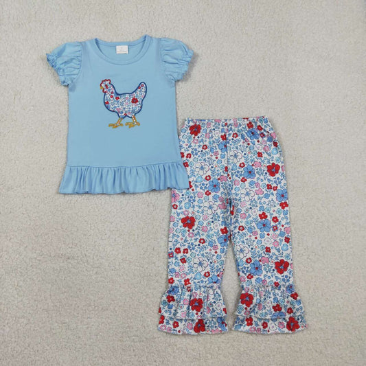 Blue floral embroidered chicken Girls Set GSPO2261