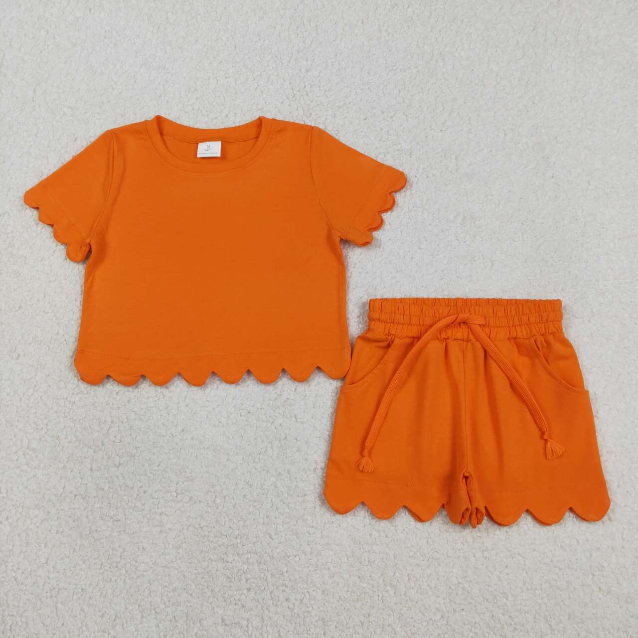solid Orange Scalloped Short Sleeve Girls Set GSSO3178