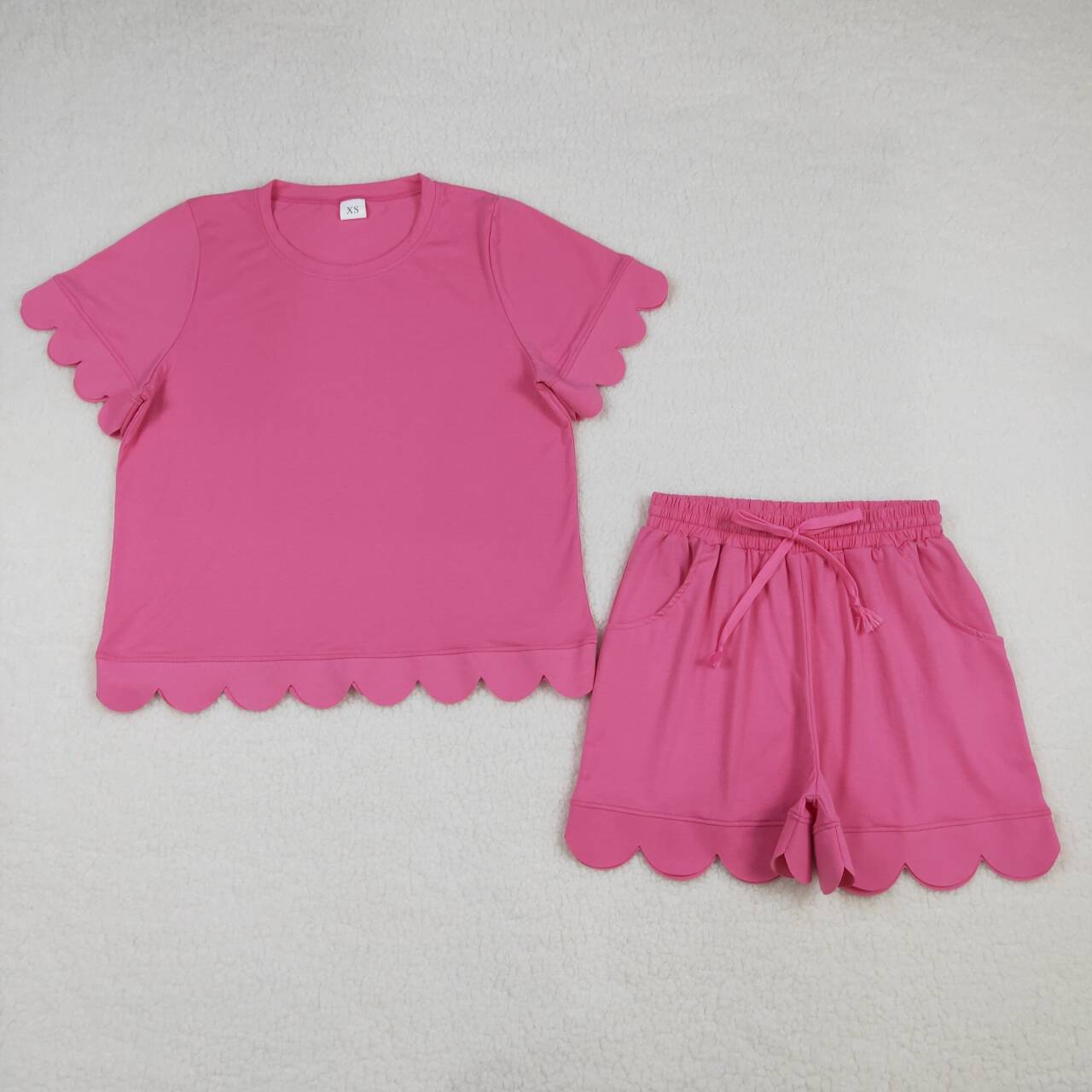 Women's Hot Pink Scalloped Short Sleeve Set GSDO3204