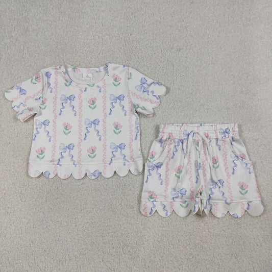 flower Bow scalloped edges Short Sleeve Boy Set GSSO3272