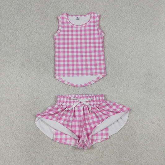 Hot Pink Plaid yoga girl Sleeveless set GSSO3477