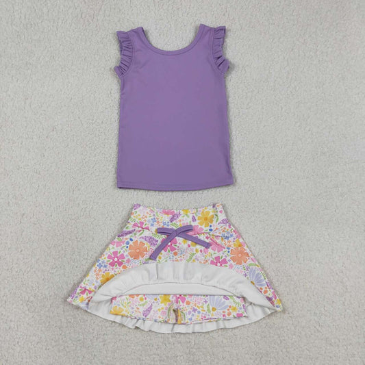 Purple Top and Floral Shorts Girls Skort Outfits GSD3771