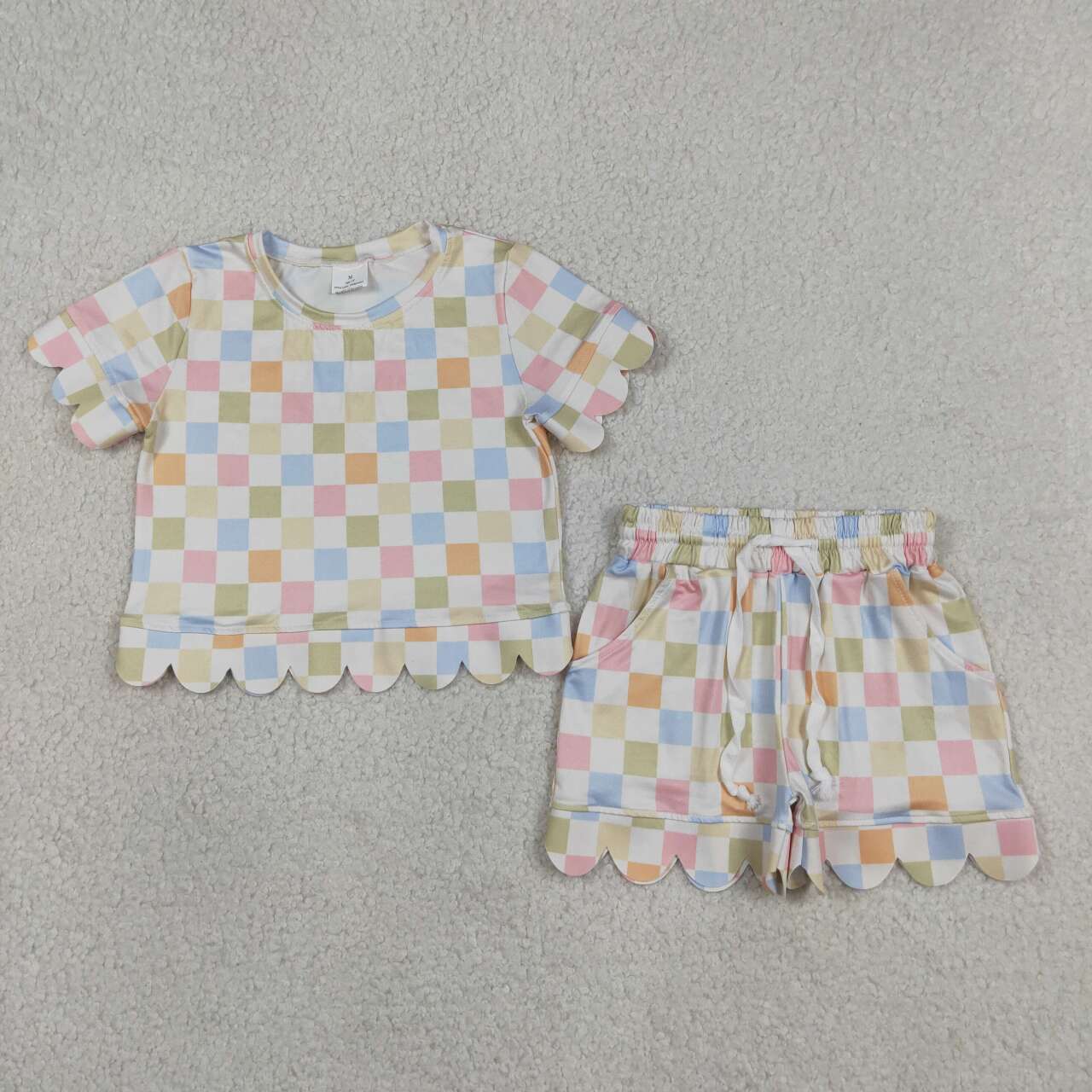 colorful Plaid scalloped edges Short Sleeve Girls Set GSSO3419
