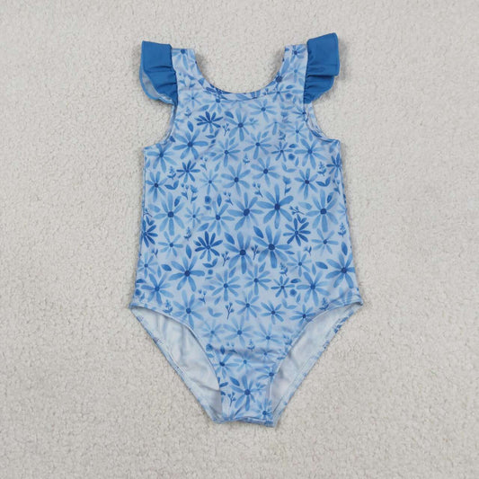 Blue flower print girl Swimsuit S0515
