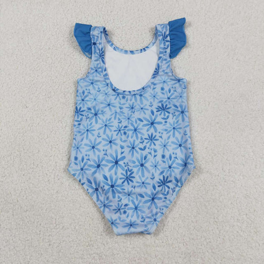 Blue flower print girl Swimsuit S0515