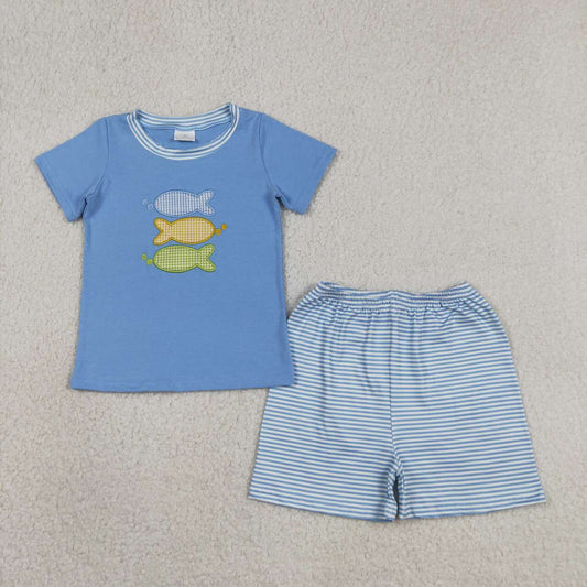 Summer Blue Embroidered Fish Boy Set BSSO1905