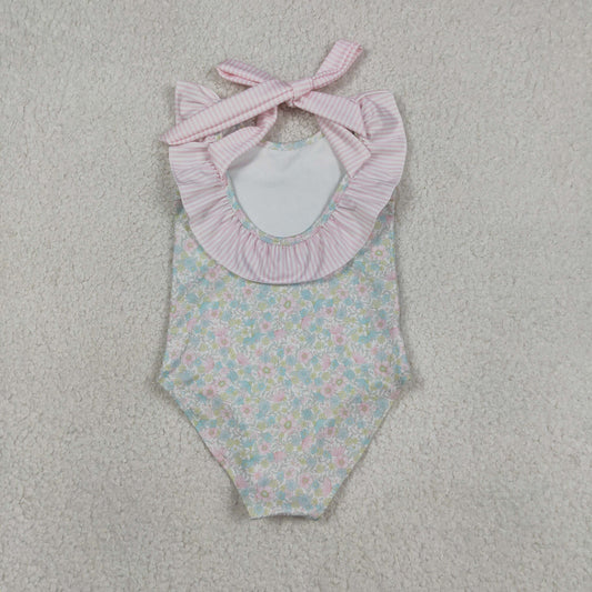Pink flower print girl Swimsuit S0732
