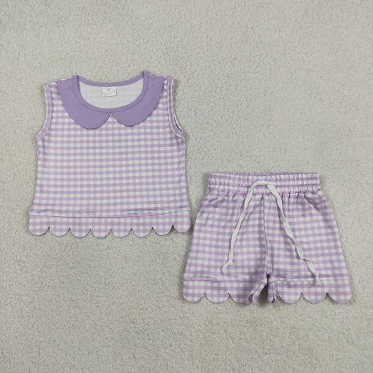 Purple Plaid scalloped edges sleeveless Girls Set GSSO3396