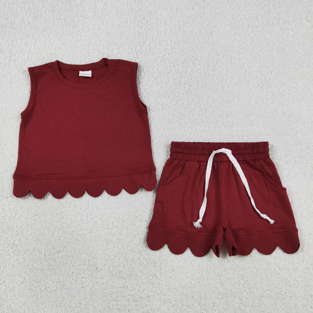Burgundy scalloped edges Short sleeve Girls Set GSSO3734