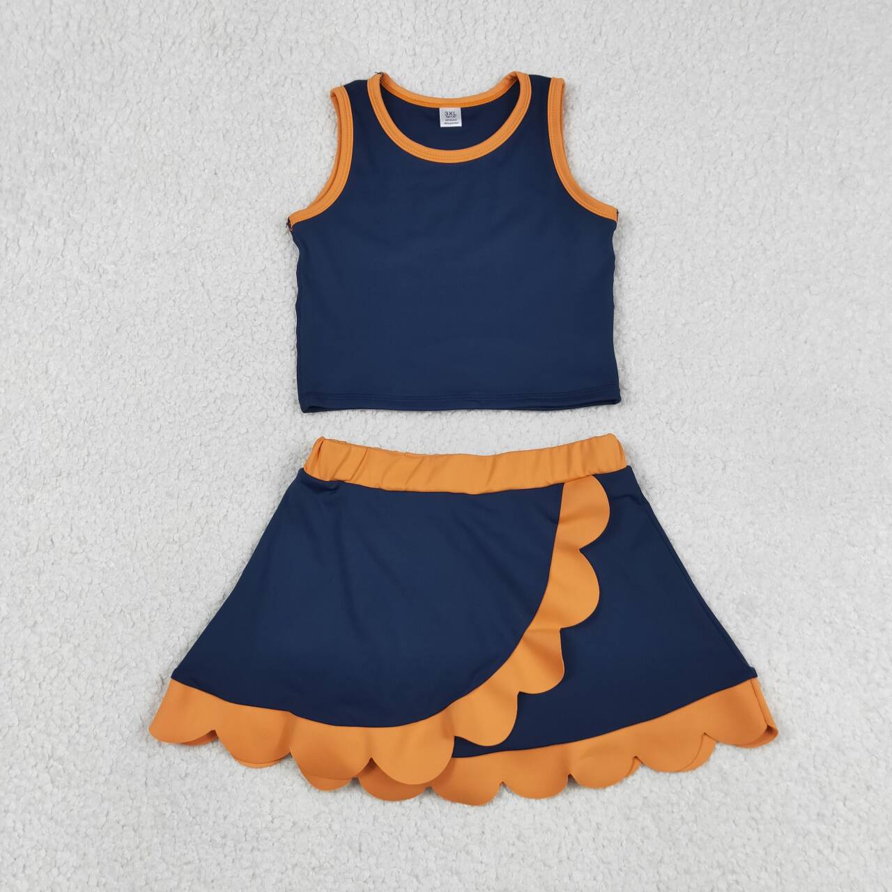 Athletic Navy and Orange Scalloped With Bow Skort Outfits GSD4017
