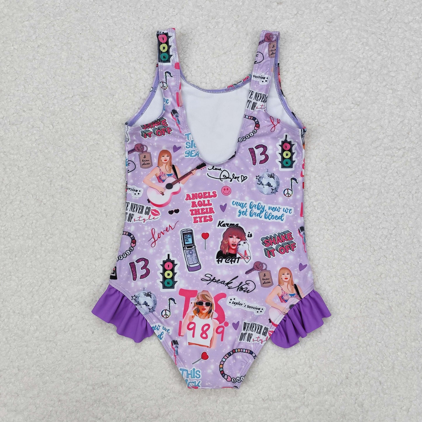 one piece purple pattern print short sleeve Swimsuit