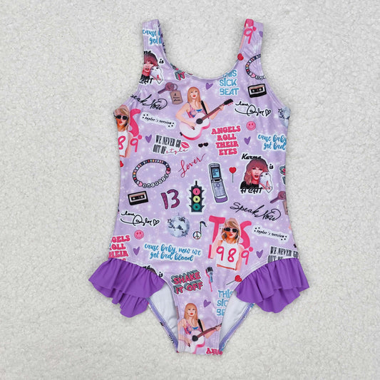 one piece purple pattern print short sleeve Swimsuit