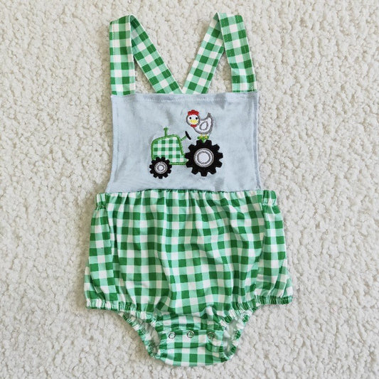 SR0019 Green plaid chicken car Girls Romper (usa warehouse)