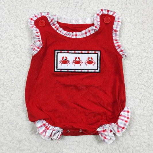 SR0156 Summer red plaid embroidered crab Girls Romper (usa warehouse)