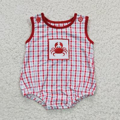 SR0157 Summer red plaid embroidered crab boy Romper (usa warehouse)