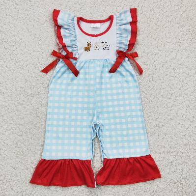 SR0179 Blue Plaid Cow Girls Romper (usa warehouse)