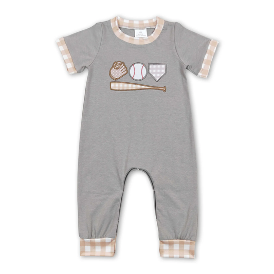 Grey baseball embroidery boy baby Romper (us warehouse)