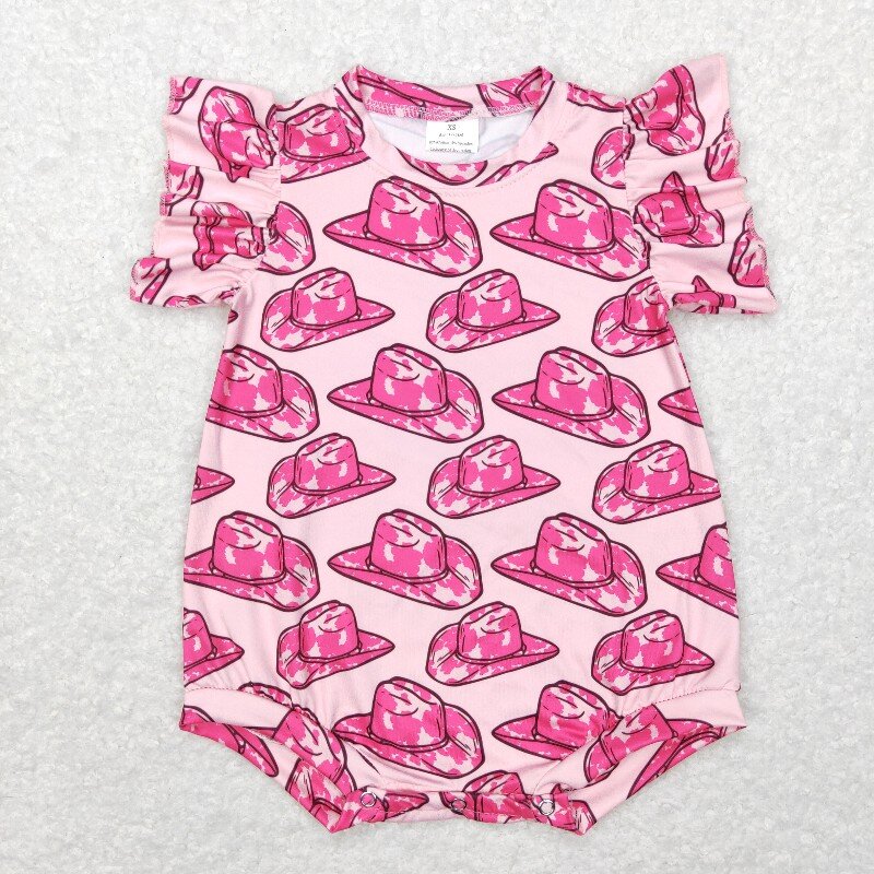 SR0623 western Pink hat Print baby Romper (us warehouse)