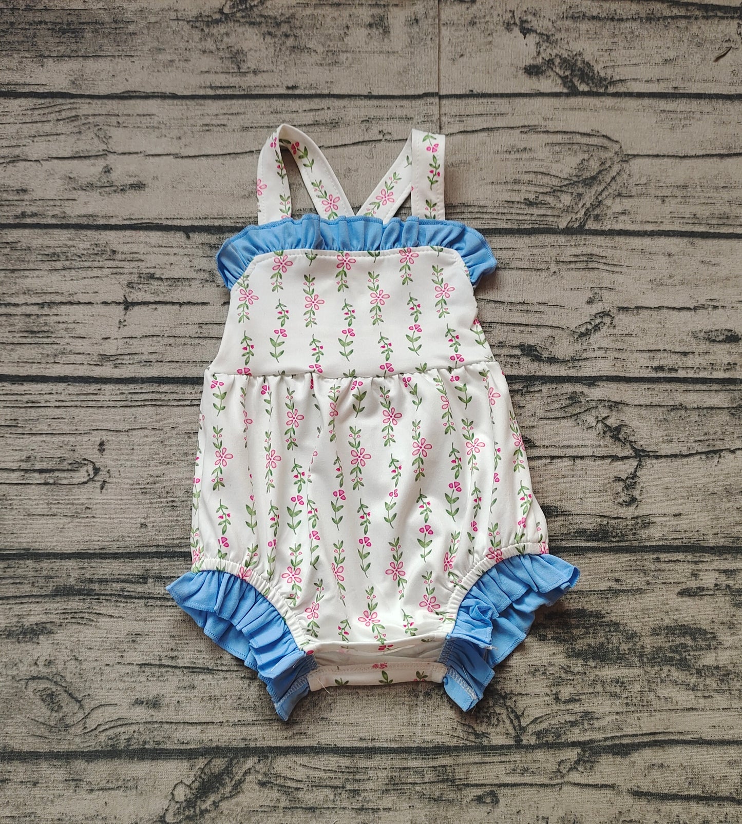 Pre-order Blue flowers lace short sleeve baby romper SR1478
