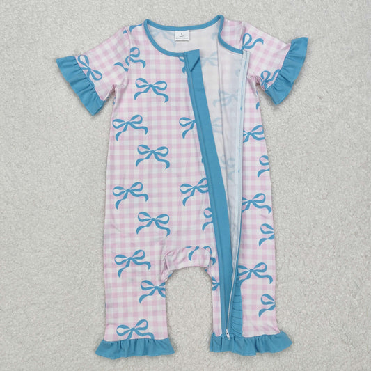 pink plaid blue bow print Baby Romper With zipper