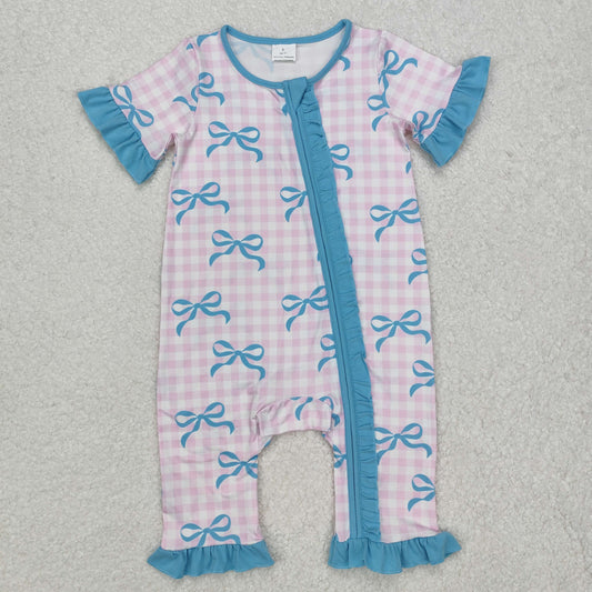 pink plaid blue bow print Baby Romper With zipper