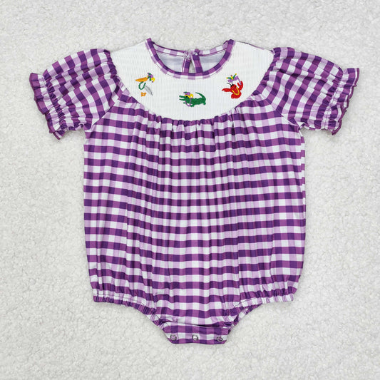 purple plaid embroidery cartoon pattern Baby Romper