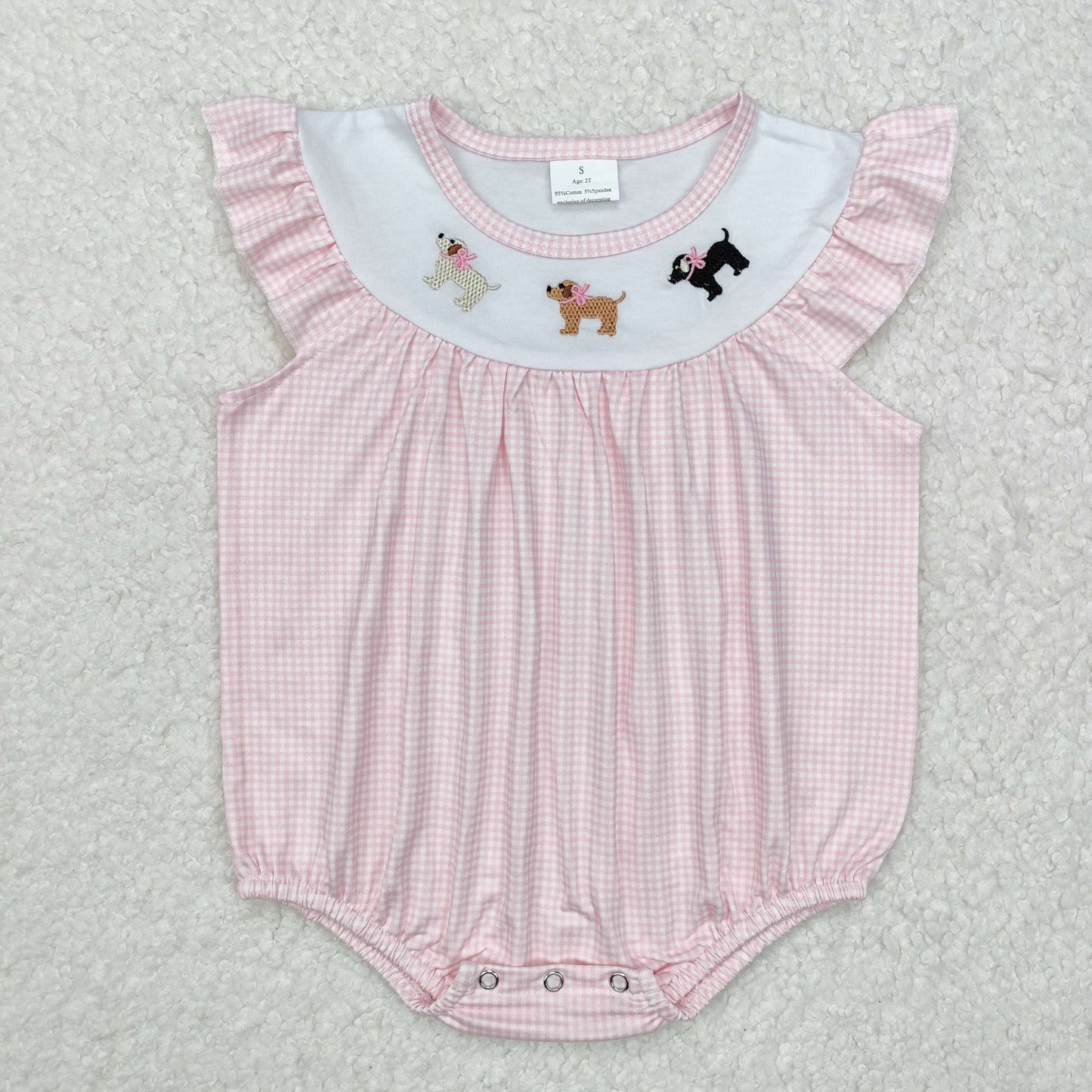 Pink plaid bow puppy embroidery girl Baby Romper