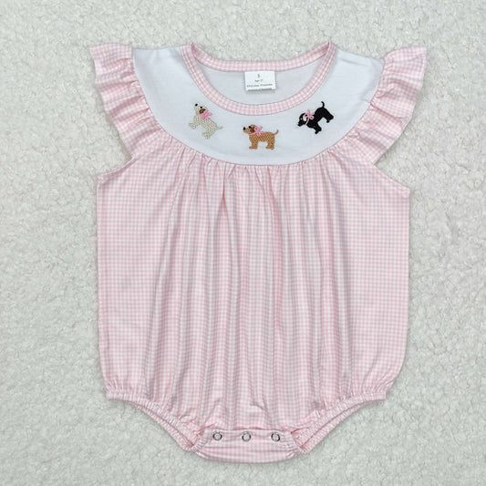 Pink plaid bow puppy embroidery girl Baby Romper