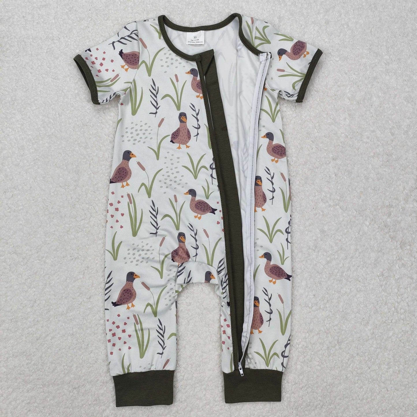 green duck flowers print Baby Romper With zipper
