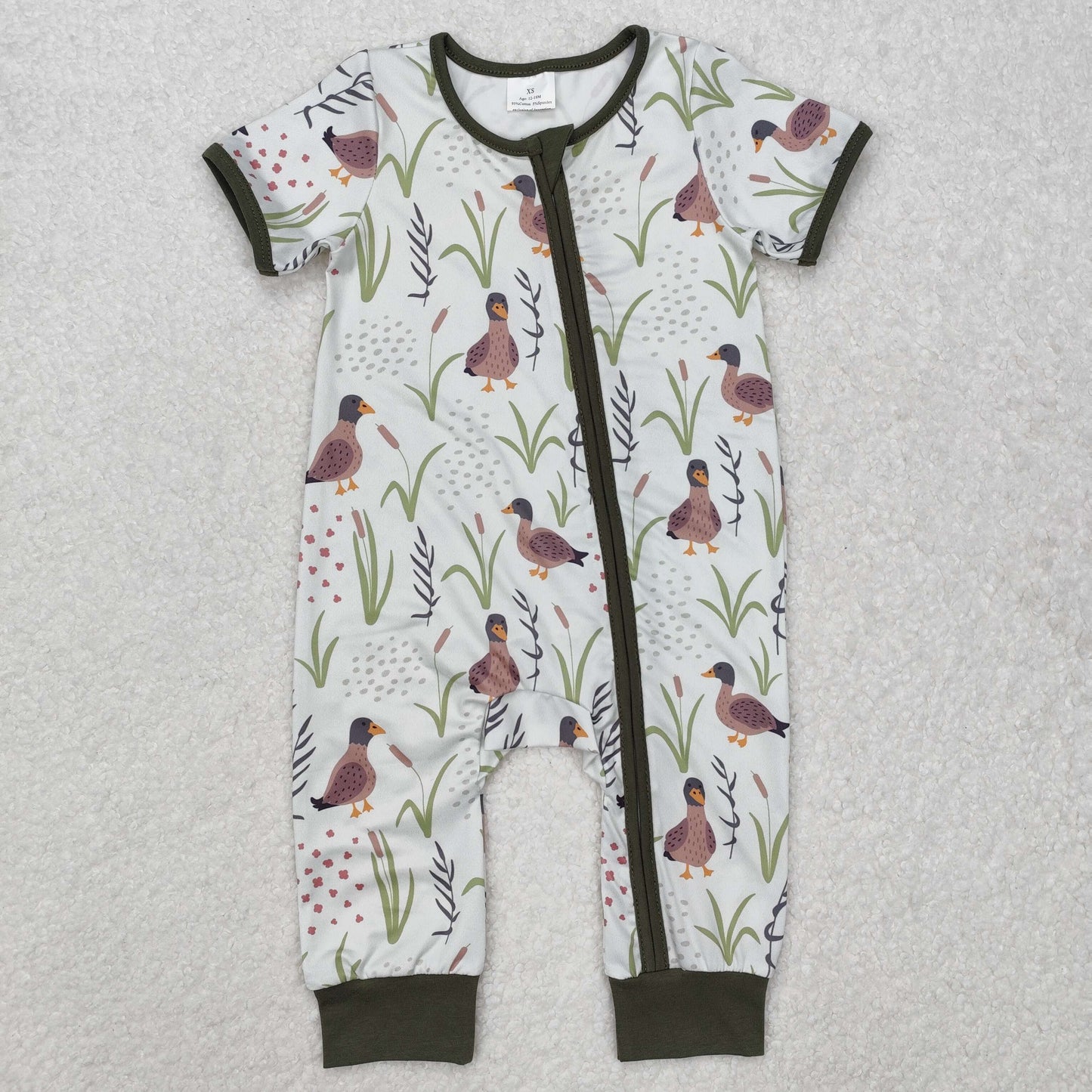 green duck flowers print Baby Romper With zipper