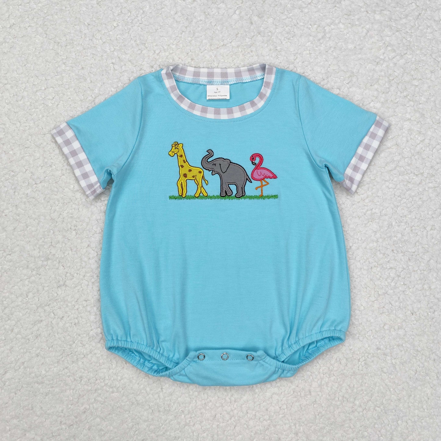 deer giraffe elephant embroidery blue Baby Romper